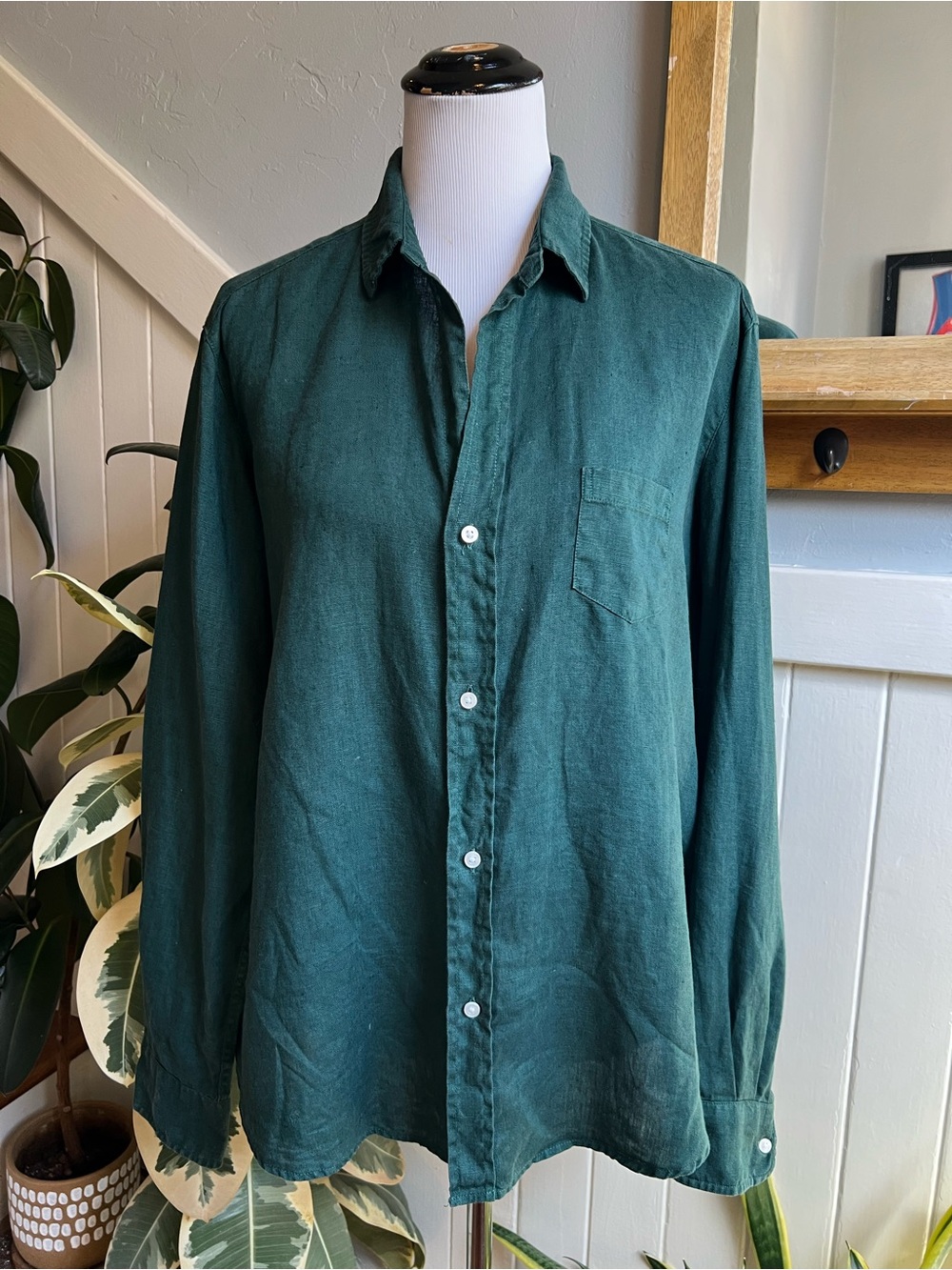 Frank & Eileen Eileen 100% Linen Shirt Size Large Dark Green